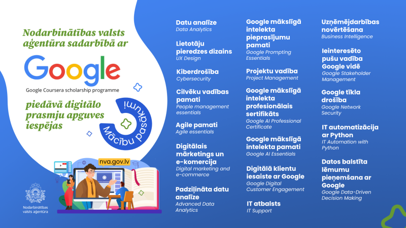 NVA sadarbībā ar Google piedāvā iespēju bez maksas apgūt Google izstrādātas mācību programmas. 