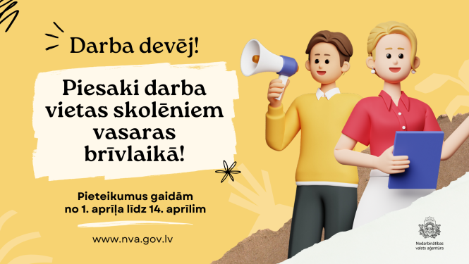 No 1. aprīļa līdz 14. aprīlim plānota atkārtota darba devēju pieteikumu pieņemšana skolēnu nodarbinātības pasākuma īstenošanai 2025. gada vasarā. 