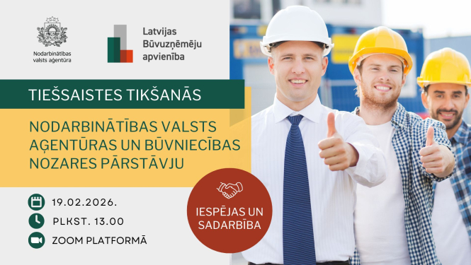 Tiešsaistes tikšanās afiša ar trim būvnieku pārstāvjiem aizsargķiverēs.