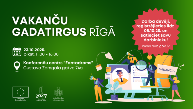 Plakāts par vakances gadatirgu Rīgā, kas notiks 2025. gada 23. oktobrī no plkst. 11.00 līdz 16.00 konferenču centrā Fantadroms, Gustava Zemgala gatvē 74a. Darba devēji aicināti reģistrēties līdz 08.10.2025 vietnē nva.gov.lv. Ilustrācijā attēloti cilvēki ar darba un karjeras simboliem.