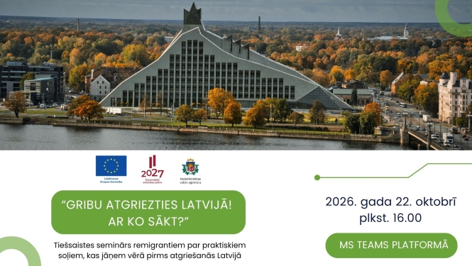 Lapā attēlots rudenīgs skats uz Rīgu pāri Daugavai un atkārtota informācija par semināru