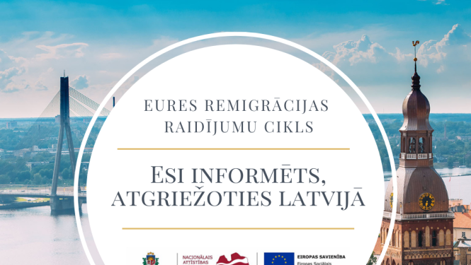 NVA logo, ESF logo ansamblis, teksts, Rīgas pilsētas panorāmas attēls