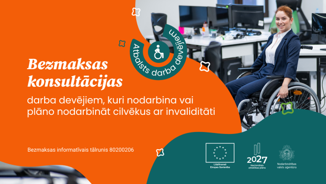 Attēls ir sadalīts divās daļās. Pirmajā daļā ilustratīvais attēls. Otrajā daļā teksts: Bezmaksas konsultācijas darba devējiem, kuri nodarbina vai plāno nodarbināt cilvēkus ar invaliditāti. Apraksts zem attēla.