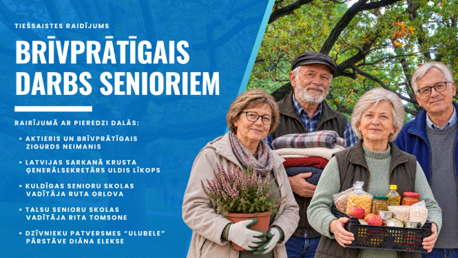 Teksts: Tiešsaistes raidījums "Brīvprātīgais Darbs Senioriem", raidījuma dalībnieku saraksts. Attēls: Četri seniori, kas veic brīvprātīgo darbu dažādās jomās ar parku fonā