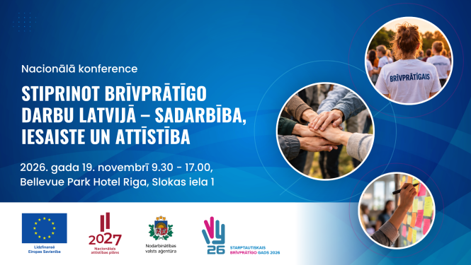 Teksts: Nacionālā konference "Stiprinot brīvprātīgo darbu Latvijā – sadarbība, iesaiste un attīstība" 2026. gada 19. novembrī 9.30 - 17.00, Bellevue Park Hotel Riga, Slokas iela 1 Attēls: Uz zila fona trīs apļi ar attēliem - brīvprātīgie, kopā saliktas vairāku cilvēku rokas, līmlapiņas uz sienas un roka ar pildspalvu. ESF, NAP, NVA un Starptautiskā brīvprātīgo gada logo. 