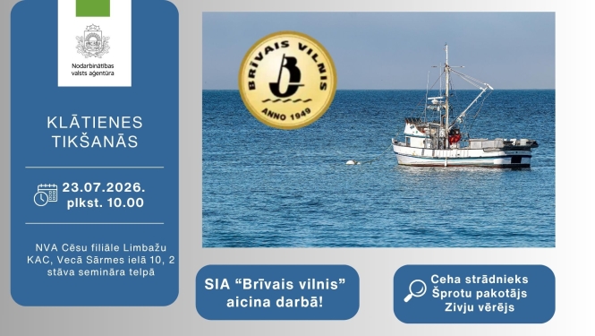 Plakāts, paziņojums par tikšanos ar darba devēju. Attēlā zvejas kuģis.