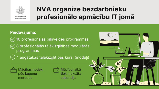 NVA logo, teksts, ilustrācijā: cilvēks pie datora