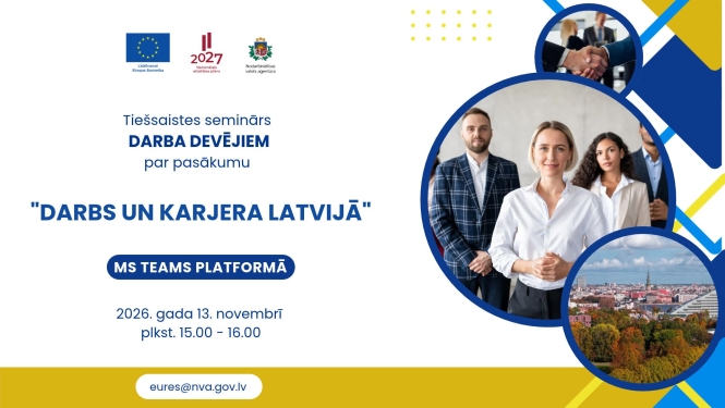 Lapā attēlots kolēģu kolektīvs, Latvija un informācija par semināru