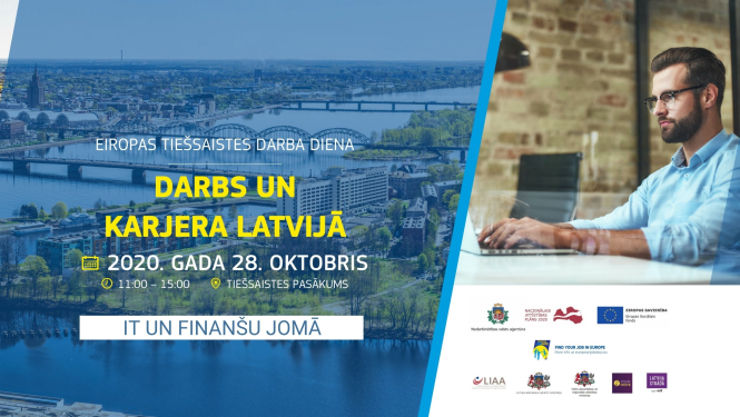 Rīgas panorāmas skats, vīrietis strādā birojā, sēž pie galda ar klēpjdatoru, valsts pārvaldes iestāžu un Eiropas Savienības fondu logotipi