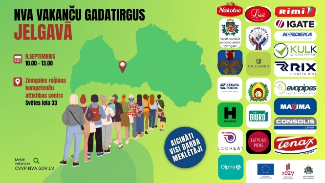 Zaļā vizuālī informācija par NVA vakanču gadatirgu Jelgavā, kas notiks 9. septembrī no plkst. 10.00 līdz 13.00 Zemgales reģiona Kompetenču attīstības centrā, Svētes ielā 33. Attēlā redzama Latvijas karte, darba meklētāju grupa un pasākuma dalībnieku logotipi. Aicināti visi darba meklētāji. Vakances pieejamas vietnē cvvp.nva.gov.lv.