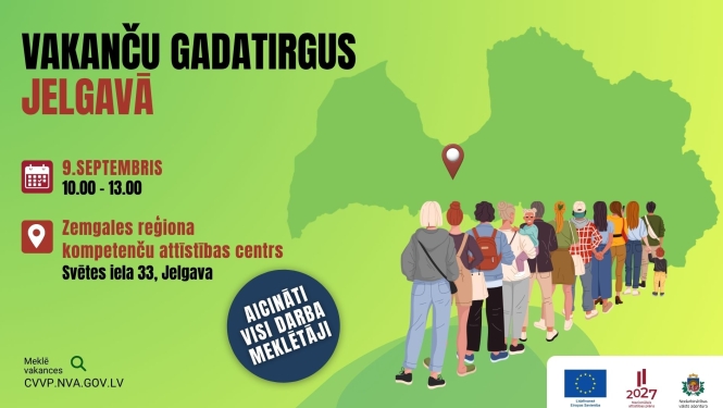 Plakāts par Vakanču gadatirgu Jelgavā ar pasākuma datumu, laiku un norises vietu.