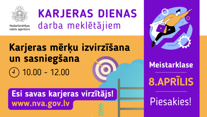 NVA logo, tektuāls saturs, zīmējums: cilvēks lido veidot karjeru