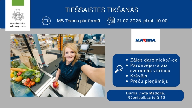 Plakāts, paziņojums par tikšanos ar darba devēju. Attēlā smaidīga meitene-pārdevēja.