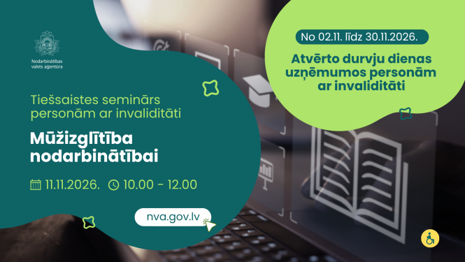 2026. gada 11. novembrī no plkst. 10.00 līdz 12.00 notiks tiešsaistes seminārs „Mūžizglītība nodarbinātībai”.