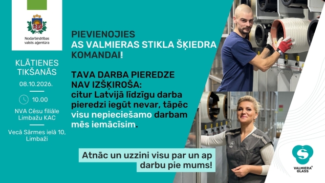 Plakāts, paziņojums par tikšanos ar darba devēju. Attēlā cilvēki pie iekārtām.