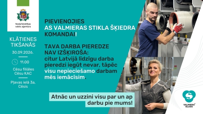 Plakāts, paziņojums par tikšanos ar darba devēju. Attēlā divi cilvēki pie iekārtām.