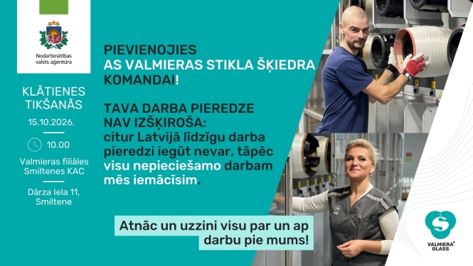 Plakāts, paziņojums par tikšanos ar darba devēju. Attēlā divi cilvēki pie ierīcēm.