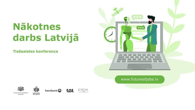Teksts, logo, zīmējums: klēpjdators, robots un cilvēks 