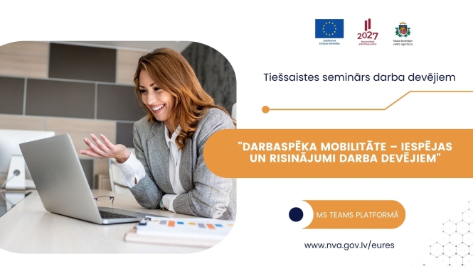 Lapā attēlota sieviete pie datora tiešsaistes tikšanšanās