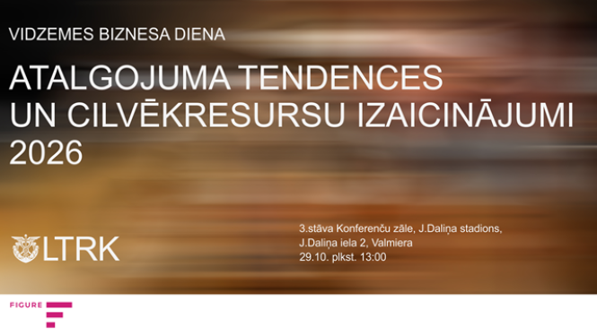 Vidzemes biznesa dienas informatīvais plakāts par pasākumu “Atalgojuma tendences un cilvēkresursu izaicinājumi 2026”, kas notiks 29. oktobrī plkst. 13.00 Jāņa Daliņa stadionā Valmierā.