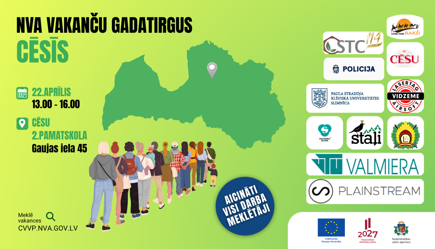 NVA vakanču gadatirgus Cēsīs 22. aprīlī – plakāts uz zaļa fona ar Latvijas karti un uzņēmumu logotipiem.