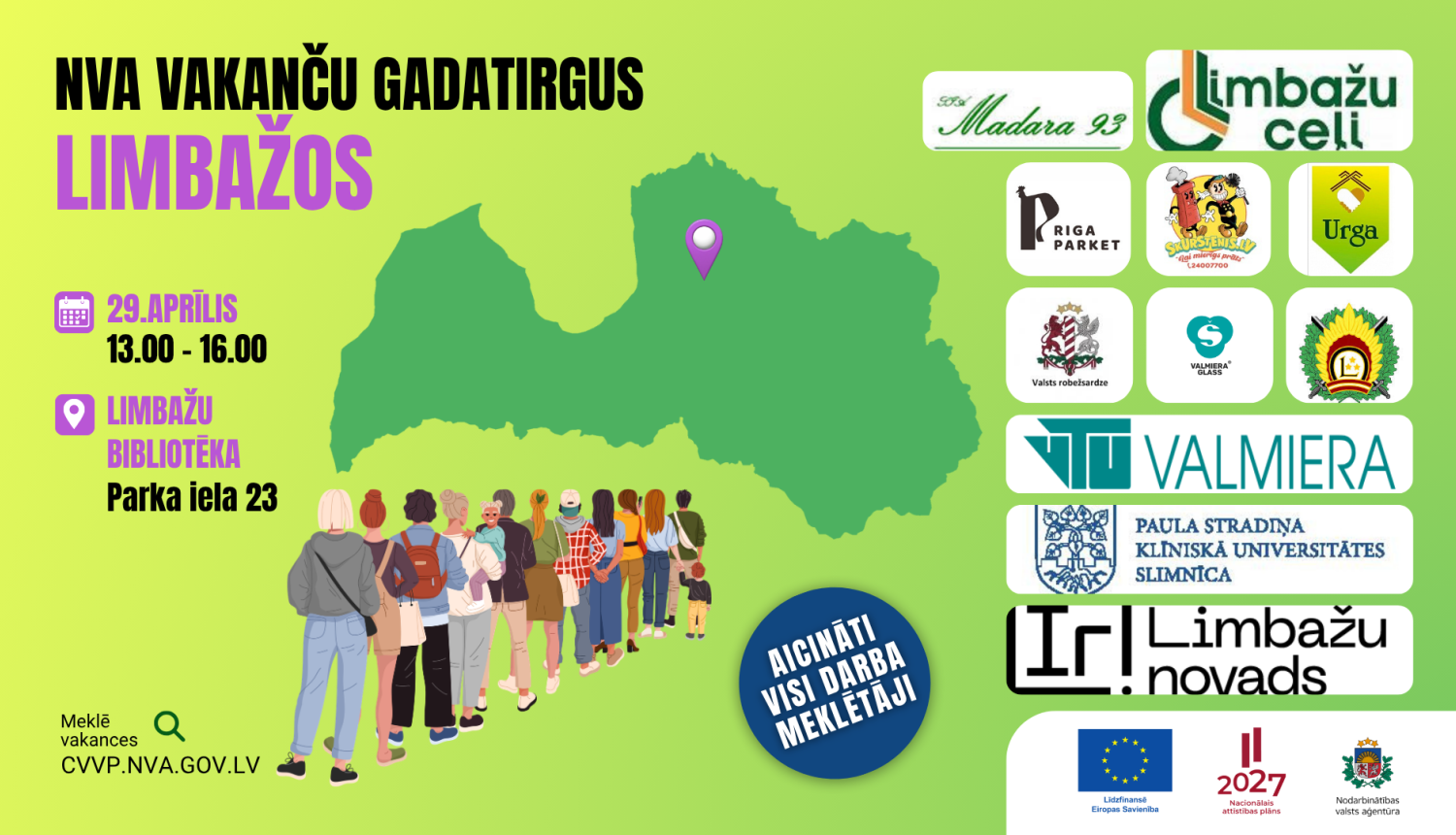 NVA vakanču gadatirgus Limbažos 29. aprīlī – plakāts uz zaļa fona ar Latvijas karti un uzņēmumu logotipiem.