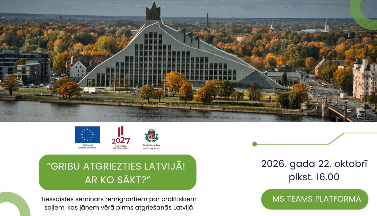 Lapā attēlots rudenīgs skats uz Rīgu pāri Daugavai un atkārtota informācija par semināru