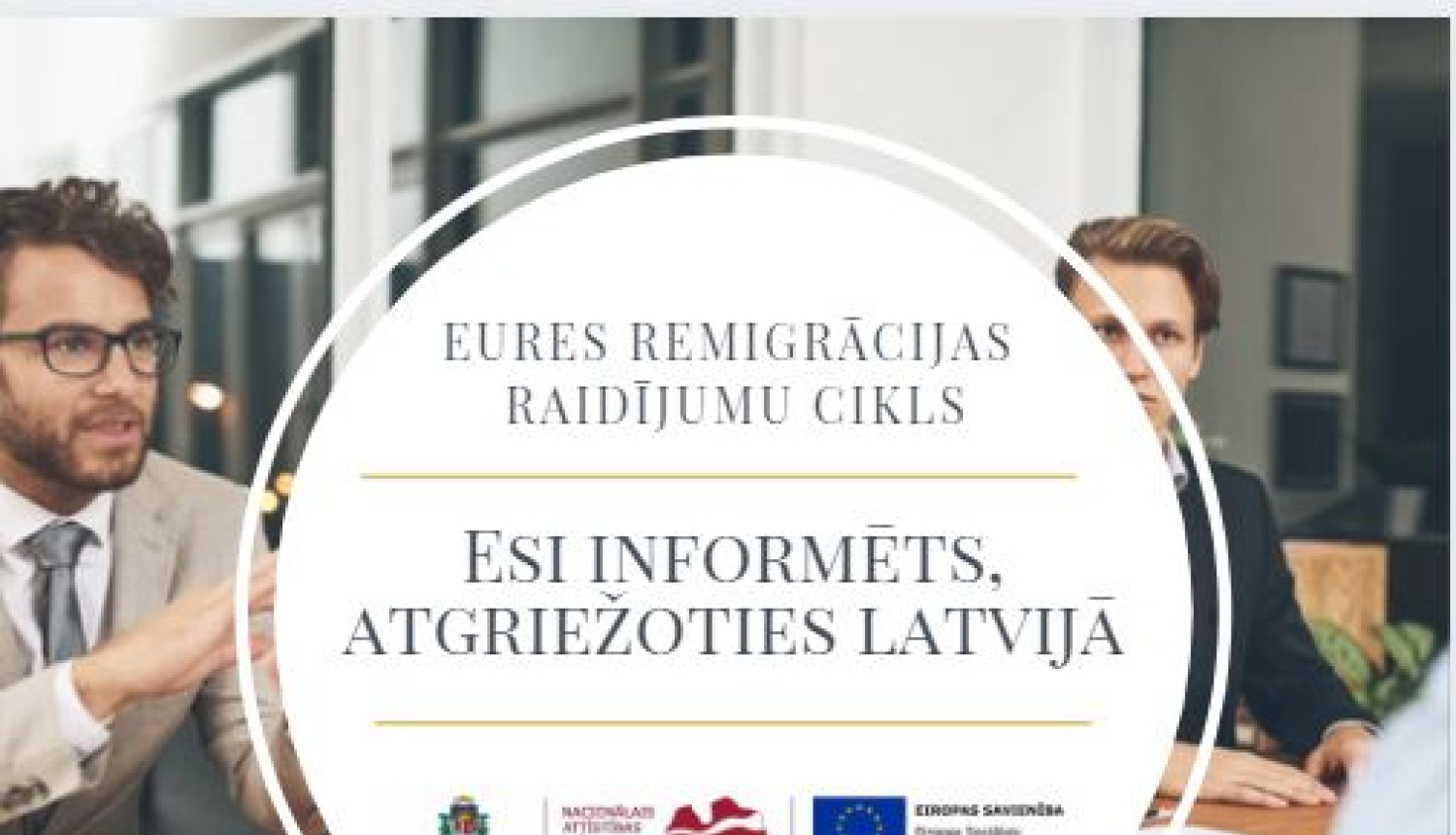 ESF logo ansamblis, NVA logo, teksts, foto: cilvēks birojā sēž piegalda 