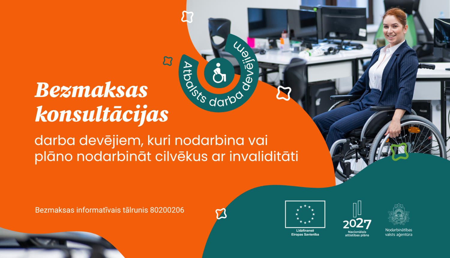 Attēls ir sadalīts divās daļās. Pirmajā daļā ilustratīvais attēls. Otrajā daļā teksts: Bezmaksas konsultācijas darba devējiem, kuri nodarbina vai plāno nodarbināt cilvēkus ar invaliditāti. Apraksts zem attēla.