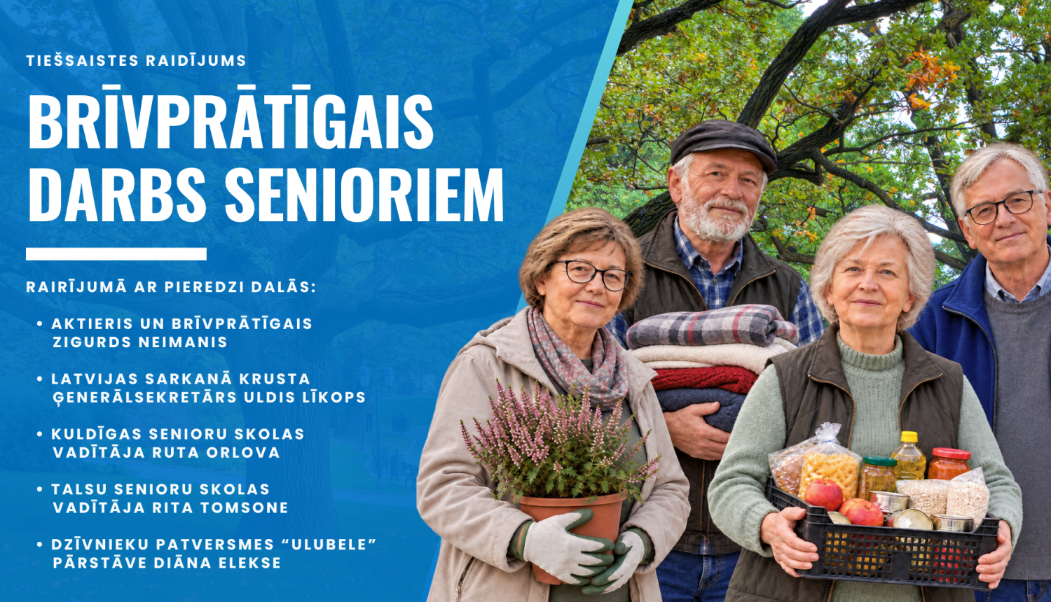 Teksts: Tiešsaistes raidījums "Brīvprātīgais Darbs Senioriem", raidījuma dalībnieku saraksts. Attēls: Četri seniori, kas veic brīvprātīgo darbu dažādās jomās ar parku fonā