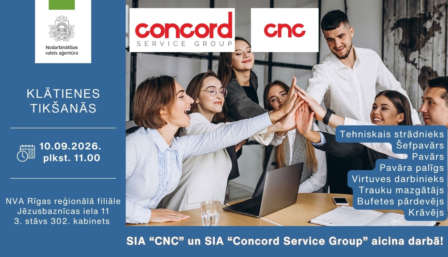 Informācija darba meklētājiem par klātienes tikšanos ar Concord Service Group 10. septembrī