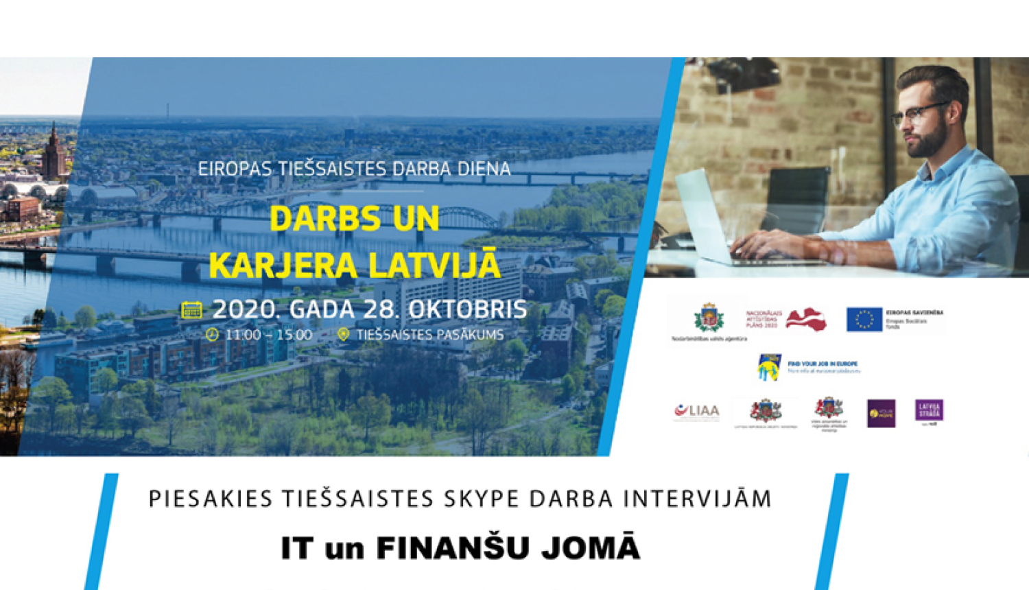 Rīgas panorāmas skats, vīrietis strādā birojā, sēž pie galda ar klēpjdatoru, valsts pārvaldes iestāžu un Eiropas Savienības fondu logotipi