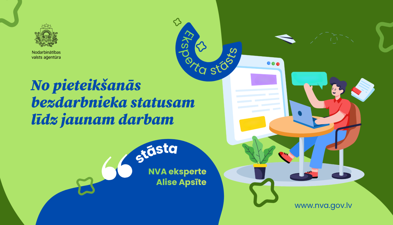 NVA vizuālis “Eksperta stāsts” ar virsrakstu “No pieteikšanās bezdarbnieka statusam līdz jaunam darbam”. Labajā pusē redzama ilustrācija ar personu pie datora un sarunas simbolu. Norādīta arī NVA eksperte Alise Apsīte.