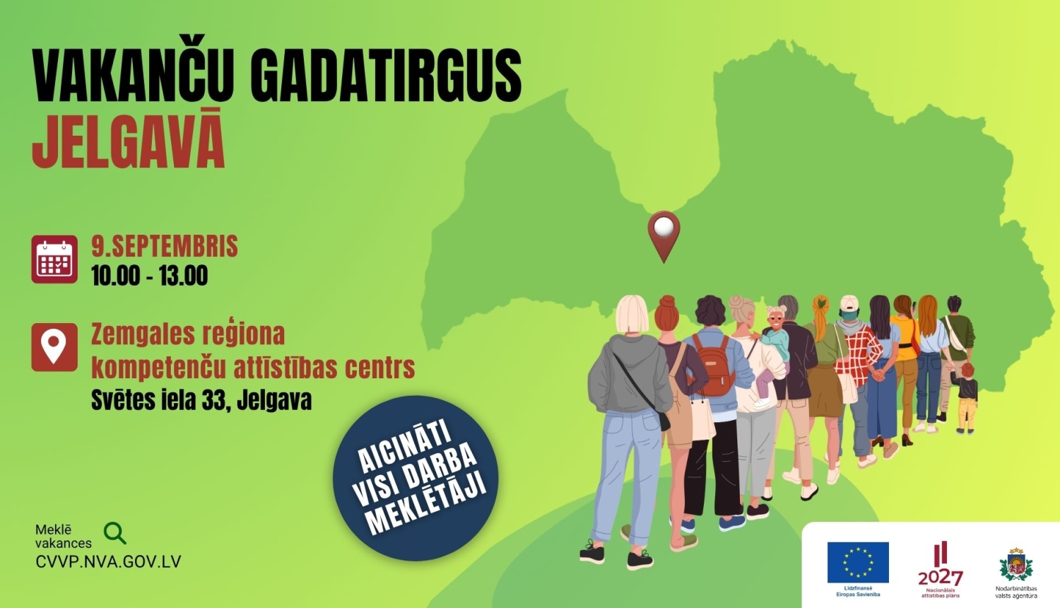 Plakāts par Vakanču gadatirgu Jelgavā ar pasākuma datumu, laiku un norises vietu.