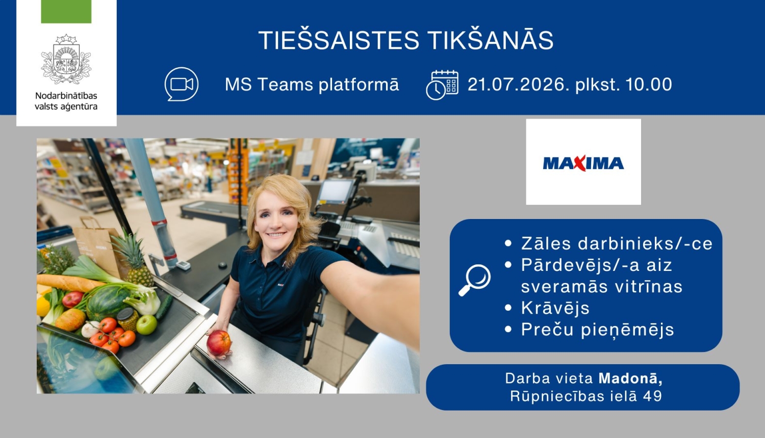 Plakāts, paziņojums par tikšanos ar darba devēju. Attēlā smaidīga meitene-pārdevēja.