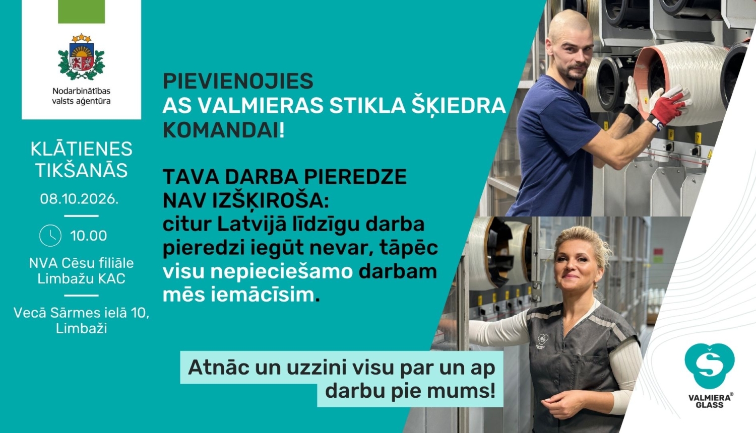 Plakāts, paziņojums par tikšanos ar darba devēju. Attēlā cilvēki pie iekārtām.