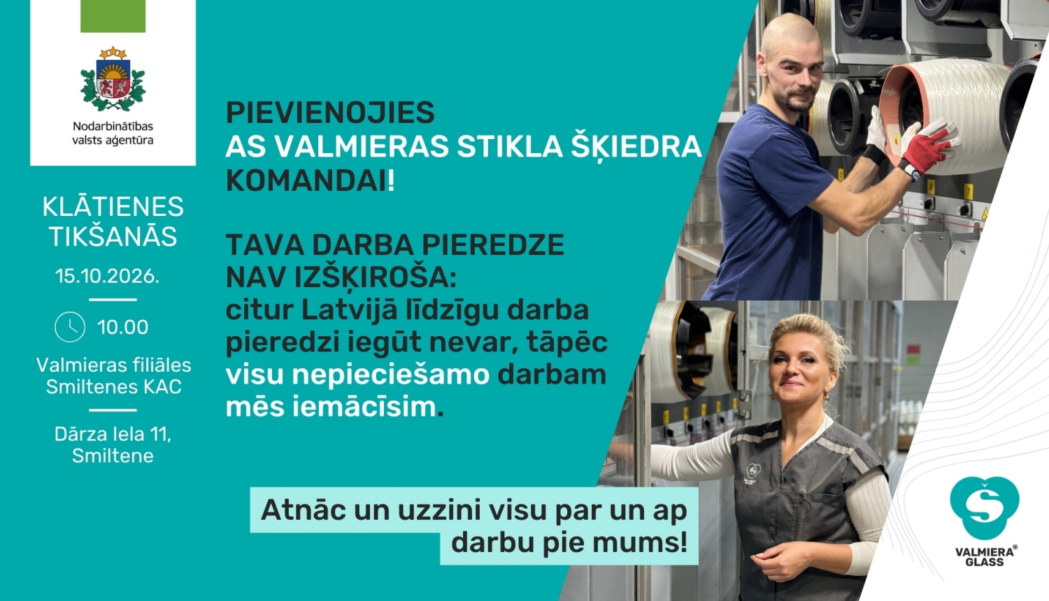 Plakāts, paziņojums par tikšanos ar darba devēju. Attēlā divi cilvēki pie ierīcēm.