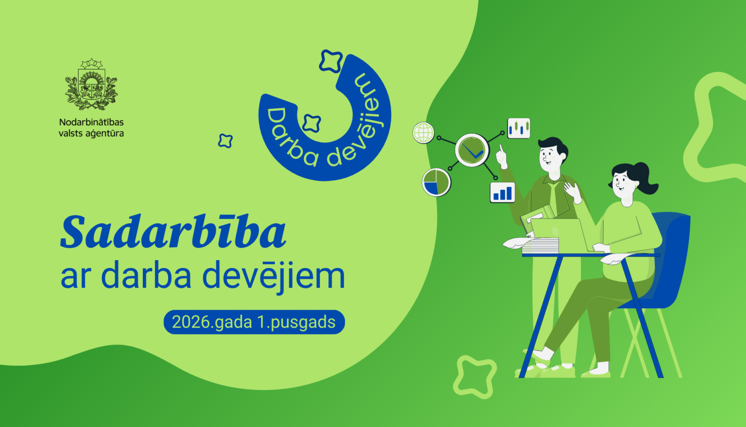 Ilustrācija, kurā redzami divi cilvēki pie galda