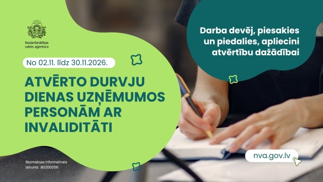 Reklāmas baneris par Atvērto durvju dienām uzņēmumos personām ar invaliditāti, kas norisināsies no 2026. gada 2. līdz 30. novembrim. Attēlā redzams darba devējs, kurš reģistrējas dalībai pasākumā.