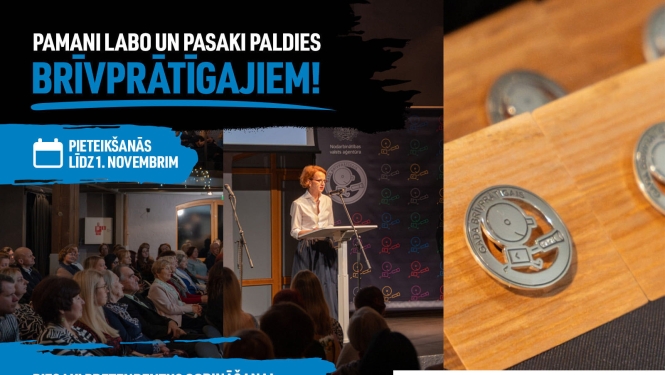 Teksts attēlā: “Pamani labo un pasaki paldies brīvprātīgajiem!” “Pieteikšanās līdz 1. novembrim” “Piesaki pretendentus godināšanai „Gada brīvprātīgais 2026””  Attēls: NVA direktore Evita Simsone uzrunā godināšanas “Gada brīvprātīgais” dalībniekus, “Gada brīvprātīgais” goda zīmes. ESF, NAP, NVA un Starptautiskā brīvprātīgo gada logo