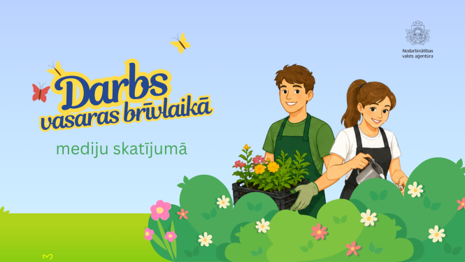 Ilustrācija ar diviem jauniešiem, kuri strādā dārzā