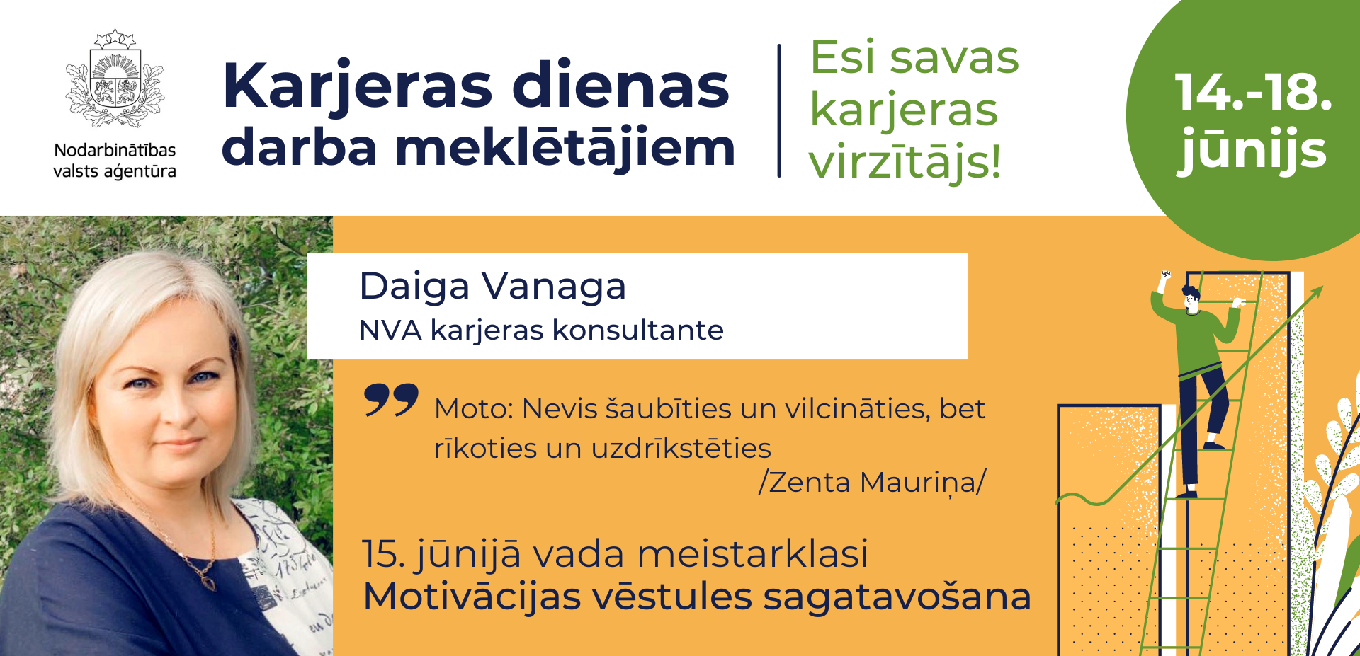 NVA logo, teksts, foto: Daiga Vanaga NVA karjeras konsultante