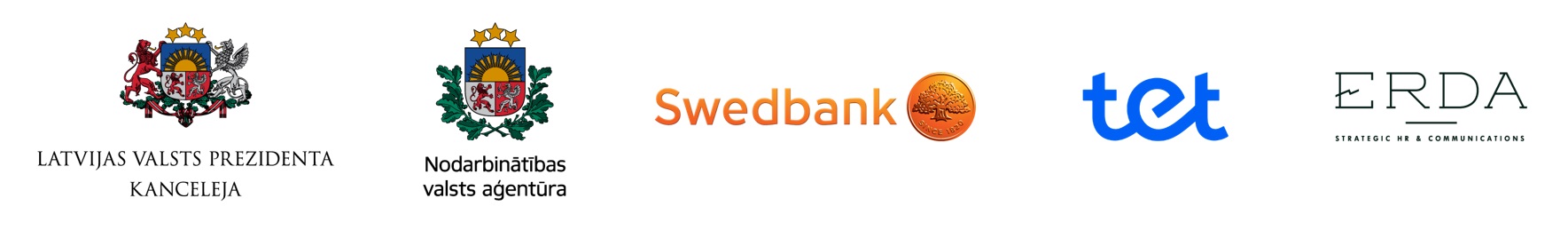 Logo: Latvijas Valsts prezidenta kanceleja, Nodarbinātības valsts aģentūra, Swedbank, TET, ERDA