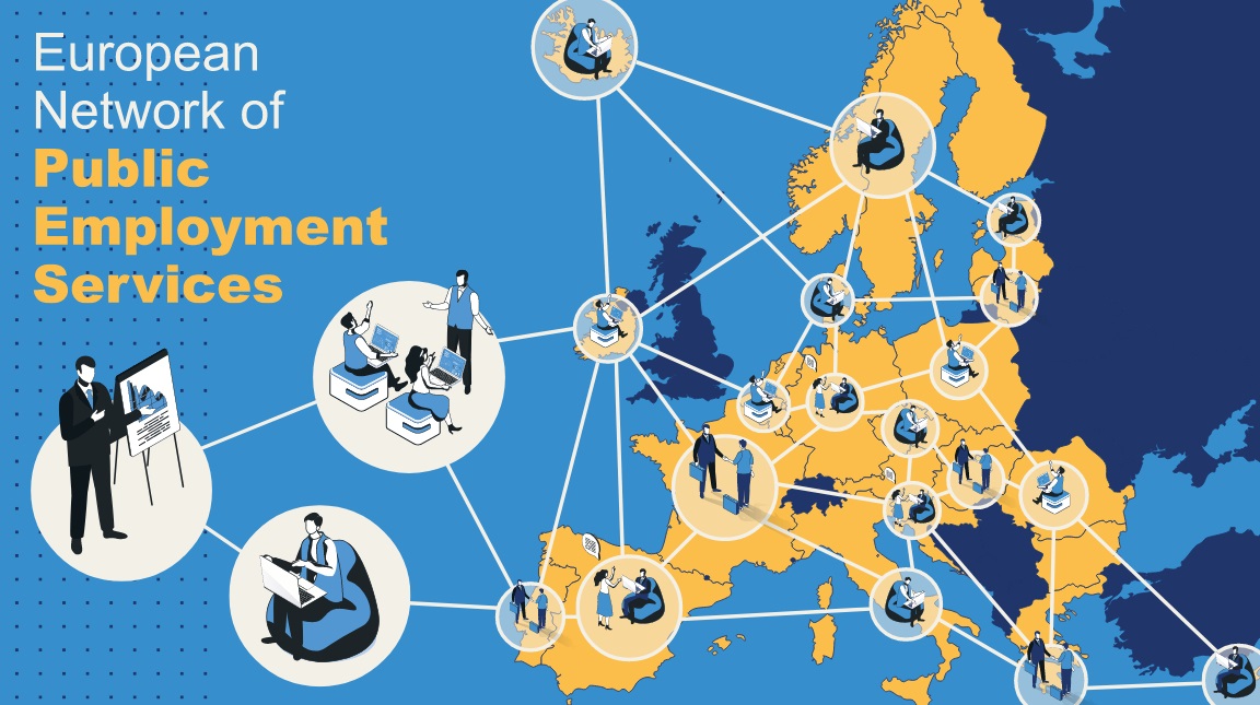 Teksts:PES tīklā ietilpst ES dalībvalstu un partnervalstu nodarbinātības dienesti, kā arī Eiropas Komisijas pārstāvji. Attēlā: karte un cilvēki