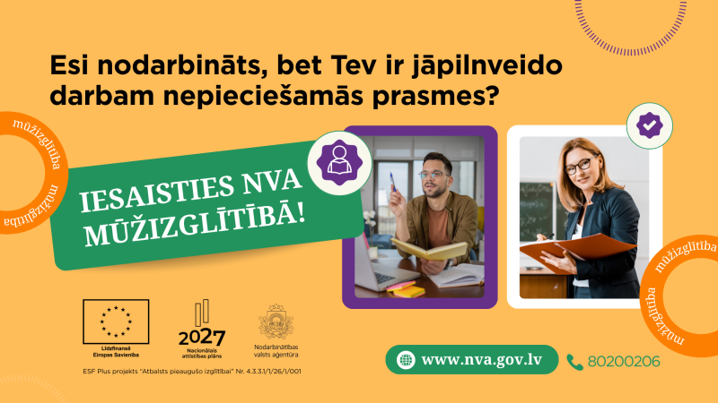 NVA mūžizglītības plakāts ar diviem cilvēkiem mācību vidē, mājaslapu un kontakttālruni