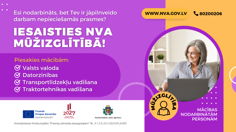 Vizualizācija ar aicinājumu iesaistīties NVA mūžizglītības programmā. Redzama sieviete pie datora.