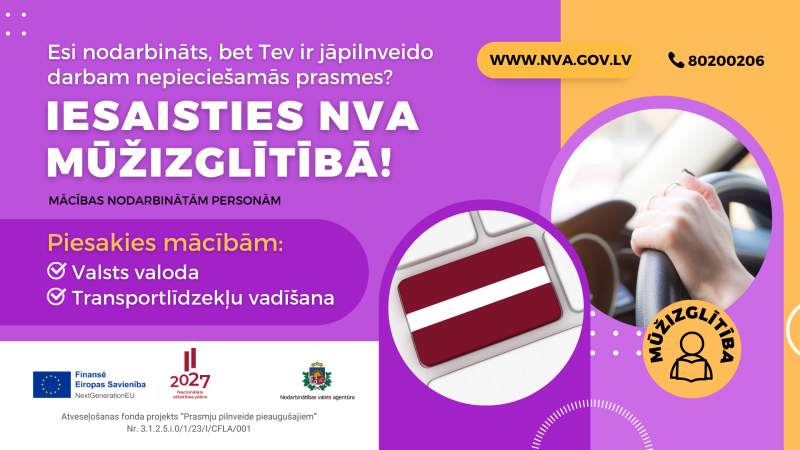 Vizualizācija ar aicinājumu iesaistīties NVA mūžizglītības programmā, apgūstot transportlīdzekļu vadīšanu un valsts valodu. Rokas uz stūres un Latvijas karogs.
