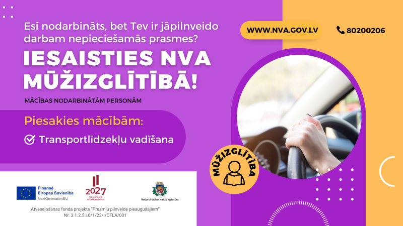 Vizualizācija ar aicinājumu iesaistīties NVA mūžizglītības programmā, apgūstot transportlīdzekļu vadīšanu. Redzamas rokas uz stūres