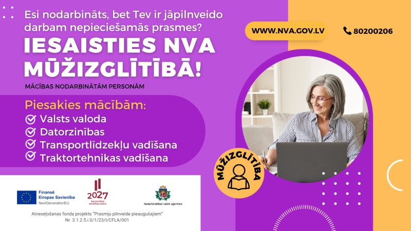 Vizualizācija ar aicinājumu iesaistīties NVA mūžizglītības programmā. Redzama sieviete pie datora.
