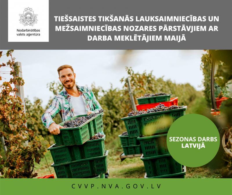 NVA logo, tekstuāls saturs. foto: sezonas darbs, ogu vākšanas